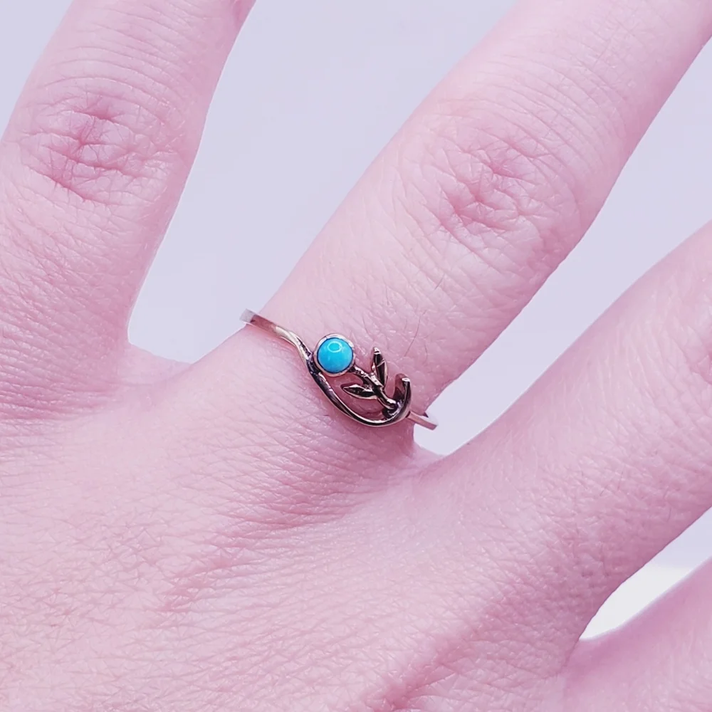 8k Solid Yellow Gold Tiny Cabochon Turquoise Ring Flower Ring Floral Ring